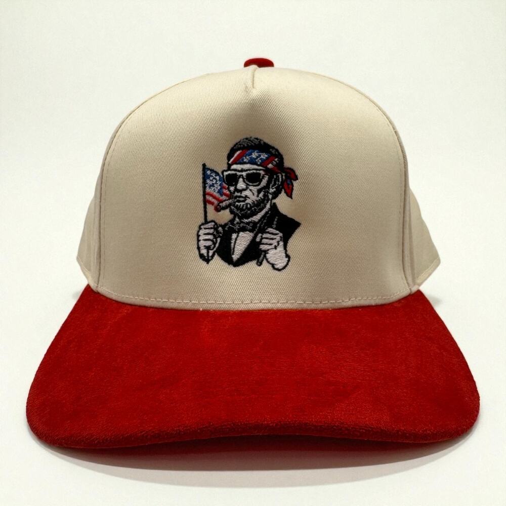 Abe Lincoln Patriotic Hat | Cream & Red Suede Snapback | Mad Capper Texas